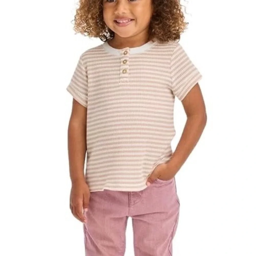 Cat & Jack Girls 5T Henley Shirt Waffle Knit Tan Beige White Striped Buttons NWT